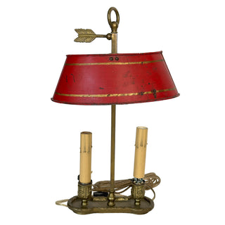 Vintage Petite Bouillotte Lamp with Red Tole Shade – Two-Light Brass Candle