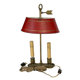 Vintage Petite Bouillotte Lamp with Red Tole Shade – Two-Light Brass Candle