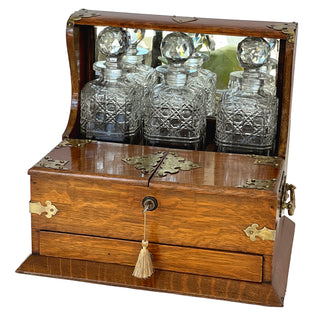 Restored Victorian Oak Tantalus Drinks Cabinet with Crystal Decanters & Working Key