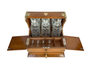 Restored Victorian Oak Tantalus Drinks Cabinet with Crystal Decanters & Working Key