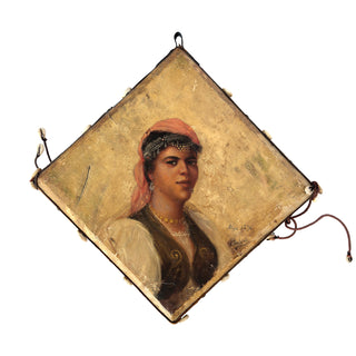 1876 “Alger” Orientalist Portrait on Hide — Signed Phalène, Cowrie-Trimmed Painting