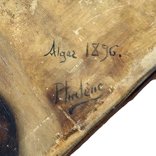 1876 “Alger” Orientalist Portrait on Hide — Signed Phalène, Cowrie-Trimmed Painting