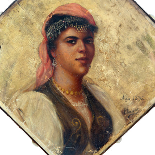 1876 “Alger” Orientalist Portrait on Hide — Signed Phalène, Cowrie-Trimmed Painting
