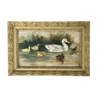 Charming 19th-century oil painting of a mother duck with her ducklings