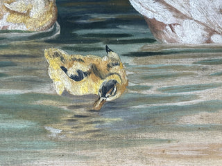 Charming 19th-century oil painting of a mother duck with her ducklings