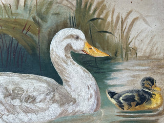 Charming 19th-century oil painting of a mother duck with her ducklings