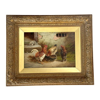 “Chickens Feeding with Cat” — E. S. England (British, fl. 1870–1914)