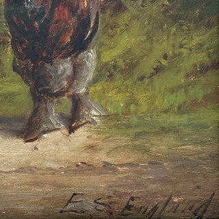 “Chickens Feeding with Cat” — E. S. England (British, fl. 1870–1914)