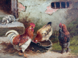“Chickens Feeding with Cat” — E. S. England (British, fl. 1870–1914)