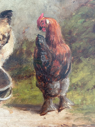 “Chickens Feeding with Cat” — E. S. England (British, fl. 1870–1914)