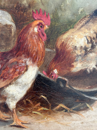 “Chickens Feeding with Cat” — E. S. England (British, fl. 1870–1914)