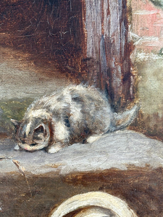 “Chickens Feeding with Cat” — E. S. England (British, fl. 1870–1914)