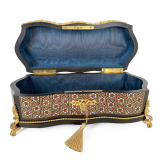 French Napoleon III Marquetry Jewelry Casket, Maison Heymen, 25 Rue Blanche, Paris, Circa 1865–1880