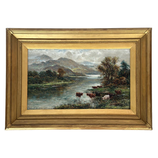 Pair of Highland Cattle at the Loch Circa 1890–1915 Oil on canvas paintings