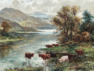 Pair of Highland Cattle at the Loch Circa 1890–1915 Oil on canvas paintings