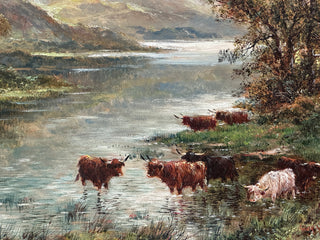 Pair of Highland Cattle at the Loch Circa 1890–1915 Oil on canvas paintings