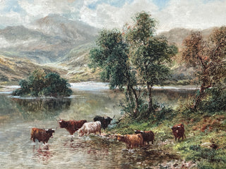 Pair of Highland Cattle at the Loch Circa 1890–1915 Oil on canvas paintings