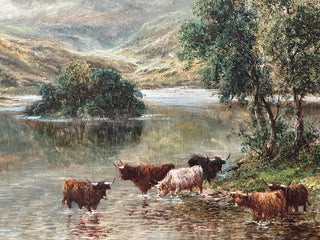 Pair of Highland Cattle at the Loch Circa 1890–1915 Oil on canvas paintings