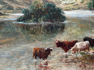 Pair of Highland Cattle at the Loch Circa 1890–1915 Oil on canvas paintings