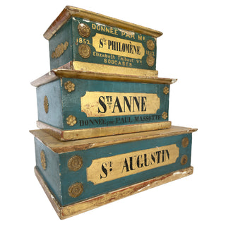 Set of Three French Parish Offertory Boxes, Dated 1852 St Philomène • St Anne • St Augustin France Original painted pine with gilt decoration
