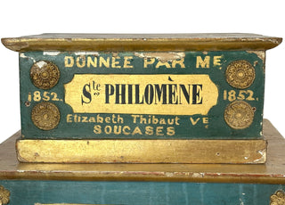 Set of Three French Parish Offertory Boxes, Dated 1852 St Philomène • St Anne • St Augustin France Original painted pine with gilt decoration