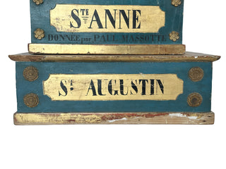 Set of Three French Parish Offertory Boxes, Dated 1852 St Philomène • St Anne • St Augustin France Original painted pine with gilt decoration