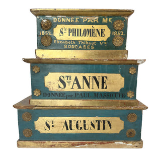 Set of Three French Parish Offertory Boxes, Dated 1852 St Philomène • St Anne • St Augustin France Original painted pine with gilt decoration