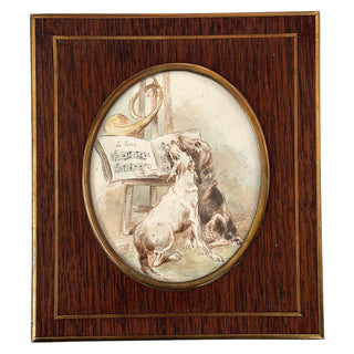 Antique French Watercolor of Musical Dogs in Presentation Box, Late 19th Century