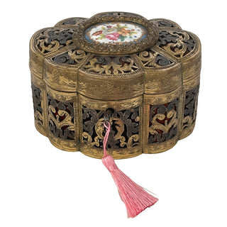 19th-Century French Gilt Metal Jewelry Casket with Porcelain Plaque    France, circa 1860–1890