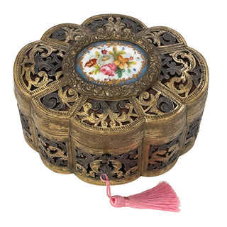 19th-Century French Gilt Metal Jewelry Casket with Porcelain Plaque    France, circa 1860–1890