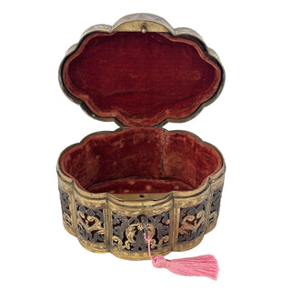 19th-Century French Gilt Metal Jewelry Casket with Porcelain Plaque    France, circa 1860–1890