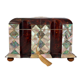 Antique Victorian Tortoiseshell and Mother of Pearl Tea Caddy with Abalone Inlay and Working Key, England Circa 1850 to 1870