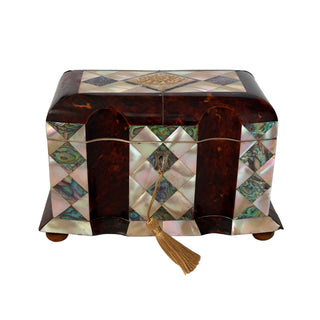 Antique Victorian Tortoiseshell and Mother of Pearl Tea Caddy with Abalone Inlay and Working Key, England Circa 1850 to 1870