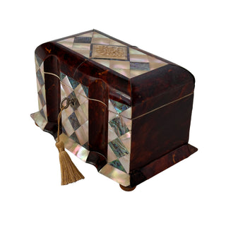 Antique Victorian Tortoiseshell and Mother of Pearl Tea Caddy with Abalone Inlay and Working Key, England Circa 1850 to 1870