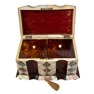 Antique Victorian Tortoiseshell and Mother of Pearl Tea Caddy with Abalone Inlay and Working Key, England Circa 1850 to 1870