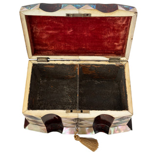 Antique Victorian Tortoiseshell and Mother of Pearl Tea Caddy with Abalone Inlay and Working Key, England Circa 1850 to 1870