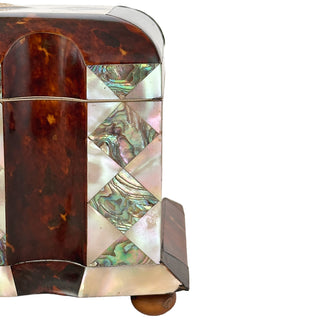 Antique Victorian Tortoiseshell and Mother of Pearl Tea Caddy with Abalone Inlay and Working Key, England Circa 1850 to 1870