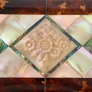 Antique Victorian Tortoiseshell and Mother of Pearl Tea Caddy with Abalone Inlay and Working Key, England Circa 1850 to 1870