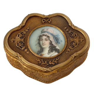 French Gilt Bronze Jewelry Box with Portrait Miniature on Ivory Circa 1890–1910