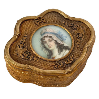 French Gilt Bronze Jewelry Box with Portrait Miniature on Ivory Circa 1890–1910
