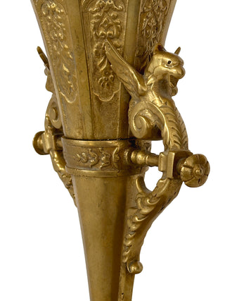 Victorian Gilt Brass Figural Vase with Griffin Handles & Cut Glass Liner
England Circa 1870–1890