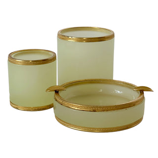Antique French Uranium Vaseline Opaline Smoking Set with Gilt Mounts, Late 19th–Early 20th Century