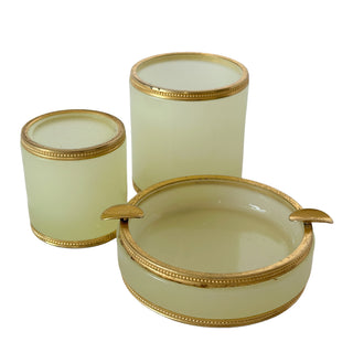 Antique French Uranium Vaseline Opaline Smoking Set with Gilt Mounts, Late 19th–Early 20th Century