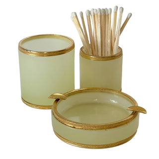 Antique French Uranium Vaseline Opaline Smoking Set with Gilt Mounts, Late 19th–Early 20th Century