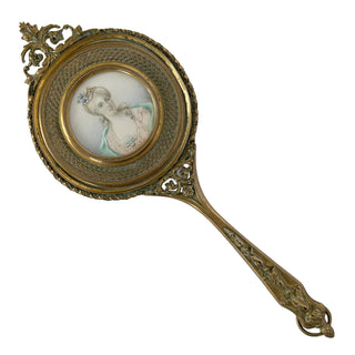 French Gilt Bronze Hand Mirror with Portrait Miniature on Ivory Circa 1880–1900