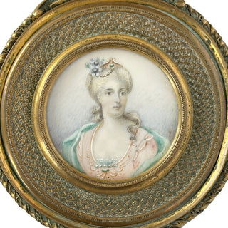 French Gilt Bronze Hand Mirror with Portrait Miniature on Ivory Circa 1880–1900