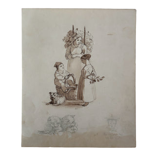 19th Century European Figural Ink and Wash Study Sheet Circa 1820–1850