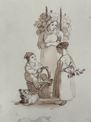 19th Century European Figural Ink and Wash Study Sheet Circa 1820–1850