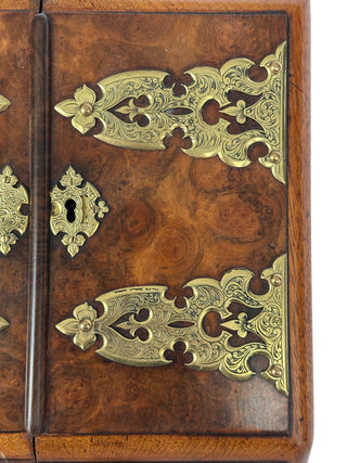 English Burr Walnut Table Cabinet / Correspondence Casket with Perpetual Calendar Circa 1840–1860