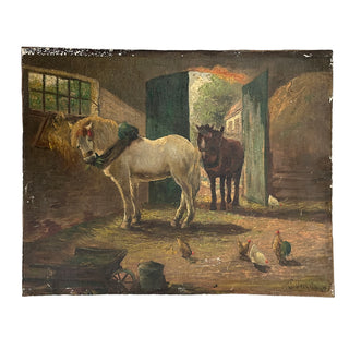 19th Century Continental Farmyard Interior with Horses and Chickens, Oil on Board